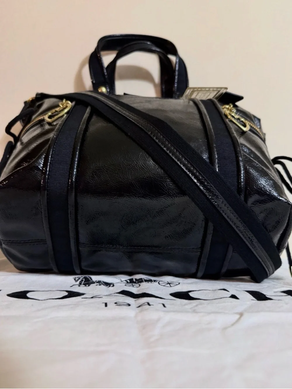 Coach Poppy Black Liquid Gloss Shoulder Bag w/ Glitter Tag & Dust Bag